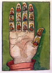 Mystische Hand der Birgitta von Schweden, die Christus, die Jungfrau Maria, Apostel und andere darstellt, 1491