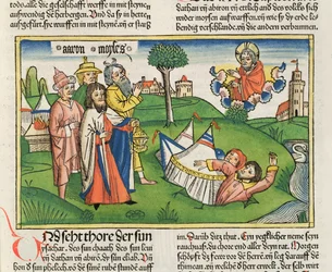 Numeri 16:32 Die Erde verschlingt die Rebellen Dathan und Abiram, aus der Nürnberger Bibel (Biblia Sacra Germanaica)