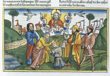 Numeri 27:18-23 Mose legt seine Hand auf Josua, aus der Nürnberger Bibel (Biblia Sacra Germanaica)