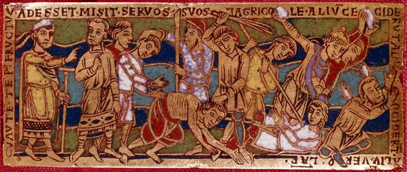 Gleichnis von den Arbeitern im Weinberg oder Gleichnis von den Arbeitern der elften Stunde. Emailtafel auf Kupfer. Rheinische Schule. 12. Jahrhundert. Florenz, Museo Nazionale del Bargello