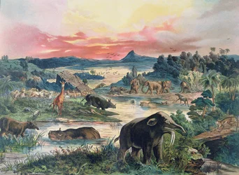Vorgeschichte - Tertiär - Rekonstruktion der natürlichen Umwelt Europas und einiger Tiere dieser Zeit, 1886