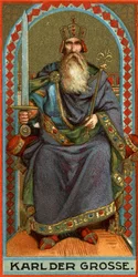 Darstellung von Karl dem Großen (742-814), König der Franken, der Langobarden und dann Kaiser. Chromolithographie