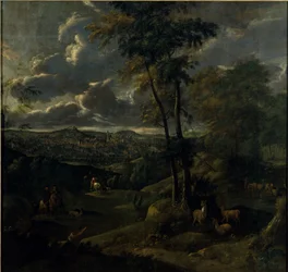 Reiter in einer Landschaft mit Stadt