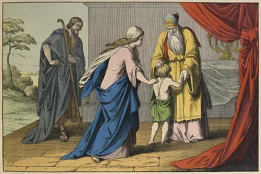 Samuel und Eli, Illustration aus dem Alten Testament, veröffentlicht von Jakob Ferdinand Schreiber, Esslingen (Farbstich)