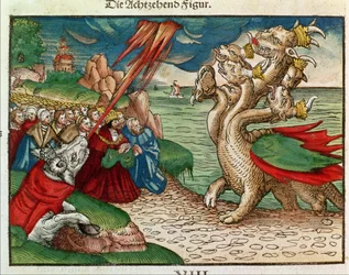 Siebenköpfige Schlange aus der Offenbarung des Johannes, aus der Lutherbibel, um 1530