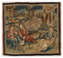 Wandteppichpanel mit Szenen aus der Passion von einem Antependium, aus dem Oberrheingebiet (Wolle & Leinen)