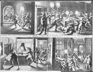 Die Ermordung von Albrecht von Wallenstein (1583-1634) in Eger durch eine Truppe irischer und schottischer Offiziere unter dem Kommando von General Butler, 25. Februar 1634
