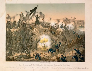 Die Schlacht von Dybboel im Zweiten Schleswig-Krieg, am 18. April 1864, veröffentlicht von Verlag A. Felgner, Berlin, 1864