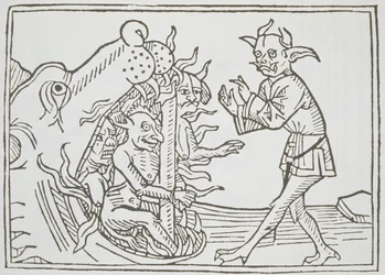 Der Teufel Belial vor den Toren der Hölle, aus Das Buch Belial, veröffentlicht in Augsburg, 1473