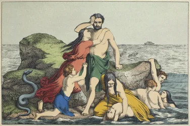 Die Sintflut, Illustration aus dem Alten Testament, veröffentlicht von Jakob Ferdinand Schreiber, Esslingen (Farbstich)