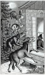 Die vier Tiere schreien am Fenster, Illustration für Die Bremer Stadtmusikanten, Märchen der Brüder Grimm