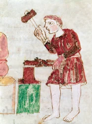 Der Schmied, der Eisen auf einem Miniaturamboss schlägt, aus dem Manuskript „De Universo“