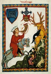 Die Freuden der Jagd: König Radin von Hohenstaufen, König von Sizilien (Italien) und Jerusalem (Israel) unter dem Namen Konrad II., Herzog von Schwaben unter dem Namen Konrad III. und König der Römer unter dem Namen Konrad V. (1252-1268) jagt Hirsche (Illu