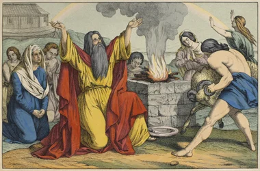 Das Opfer Noahs, Illustration aus dem Alten Testament, veröffentlicht von Jakob Ferdinand Schreiber, Esslingen (Farbstich)
