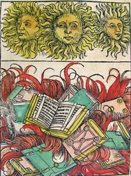 Drei Sonnen und Bücherverbrennung, veröffentlicht in der Nürnberger Chronik, 1493