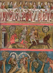 Drei Szenen aus Parsifal von Wolfram von Eschenbach (gest. ca. 1230) Faksimile aus einem Manuskript des 13. Jahrhunderts