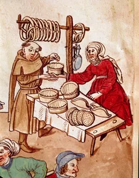 Handel: ein Brothändler. Miniatur aus der „Chronik des Konstanzer Konzils“ von Ulrich Richental (1360-1437), um 1438. Prag, Nationalbibliothek