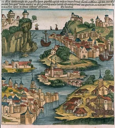 Blick auf den Bosporus bei der Einfahrt vom Schwarzen Meer, aus der Nürnberger Chronik von Hartmann Schedel (1440-1514), 1493