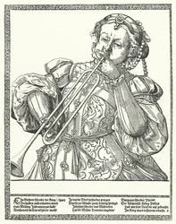 Frau, die eine Posaune oder Sackbut spielt