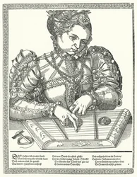 Frau, die eine Zither spielt (Gravur)
