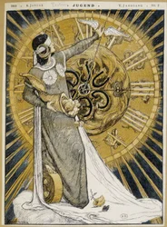 Frau mit Augenbinde, die ein Füllhorn hält und die Zeiger einer Uhr vorwärts bewegt (Allegorie des Glücks) - in „Jugend“ vom 08/01/1900