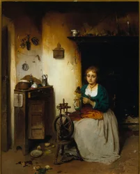Junge Frau spinnt Wolle, ihr Ausdruck ist traurig und ihr Inneres elend. Gemälde von Gerolamo (Girolamo) Induno (1825-1890)