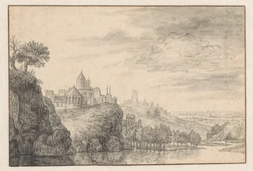 Fantasieansicht einer Stadt an einem hohen Flussufer