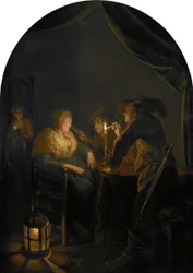 Schlafende Frau, die von zwei Soldaten geneckt wird