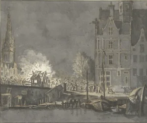 Verbrennen der Zollhäuschen bei der Nieuwebrug in Amsterdam