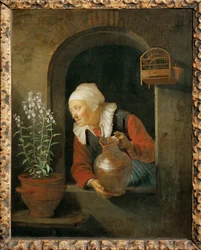 Alte Frau am Fenster, gießt ihre Blumen