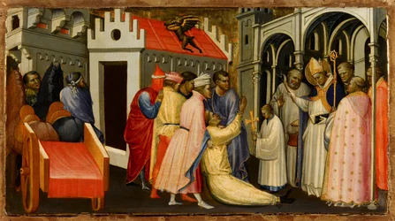Der heilige Hugh von Lincoln exorziert einen vom Teufel besessenen Mann, 1404-1407
