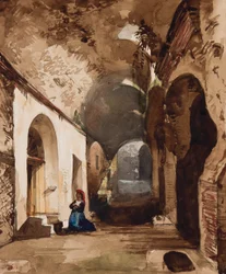 Frau betet am gewölbten Schrein im Amphitheater von Pozzuoli, mit Ergänzungen von Prinzessin Maria Annunziata di Borbone (1843-1871)