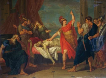 Achilleus schwört einen Eid am Leichnam des Patroklos