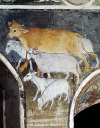 Nutztiere, Detail aus Fresko von Giacomo Jaquerio (1375-1453), Abtei St. Antonius von Ranverso, Buttigliera Alta, Piemont, Italien
