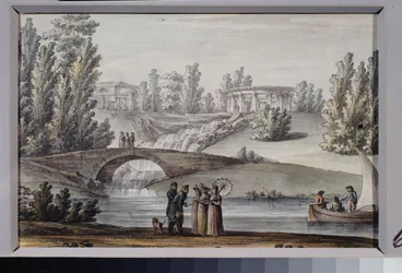 Der Tempel des Apollon und der Wasserfall im Park von Pawlowsk