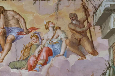 Ceres (Göttin der Ernte mit einem Bündel Ähren) und Diana (Göttin der Jagd mit dem Bogen) (Detail)