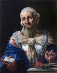 Alte Frau mit Perlenkette und Brief (Vanitas)