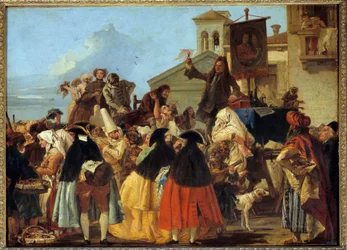 Ein Zahnarzt zieht einen Zahn und schwenkt ihn wie eine Trophäe auf dem Karneval in Venedig. Gemälde von Giovanni Domenico Tiepolo