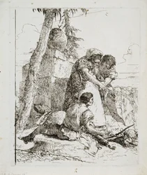 Magier zeigt zwei Jugendlichen einen brennenden Kopf, ca. 1740er