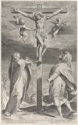 Kreuzigung mit der Jungfrau Maria und dem Heiligen Johannes dem Evangelisten, Engel darüber, ca. 1593