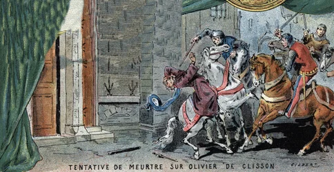Mordversuch an Olivier V. de Clisson (1336-1407), Connétable von Frankreich. Illustration von Gilbert, spätes 19. Jahrhundert.