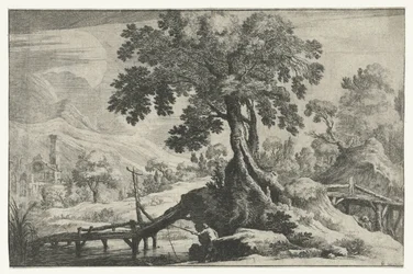 Flusslandschaft mit einem Angler auf einer Brücke