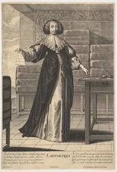 Arithmetik: eine junge Frau steht an einem Tisch und hält ein Blatt mit eingetragenen Zahlen, 1633-35