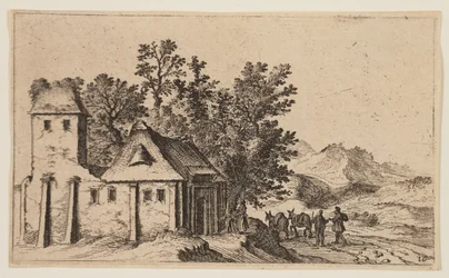 Bauernhof vor Bäumen in hügeliger Landschaft, aus Zwölf Landschaften