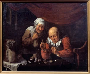 Das gierige Paar alter Männer, das seine Besitztümer wiegt. Gemälde von Gillis Van Tilborgh
