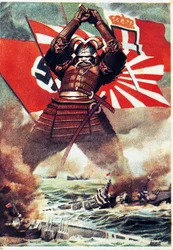 Japanische Samurai versenken die amerikanische Flotte in Pearl Harbor (7. Dezember 1941), Plakat, Zweiter Weltkrieg, Italien, 20. Jahrhundert