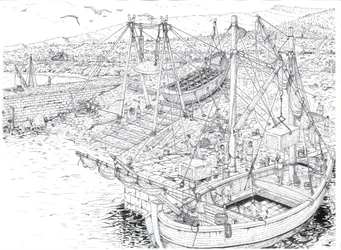 Antike: der Transport von Marmor wahrscheinlich aus den Steinbrüchen von Carrara. 2. Jahrhundert n. Chr. Italien. Illustration von Giorgio Albertini