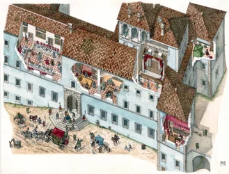 Barockkunst: Ansicht und architektonischer Schnitt des Palastes Chigi in Ariccia, Lazio, im 17. Jahrhundert. Das Innere der Familienräume und die Abhängigkeiten der Diener sind sichtbar. Italien