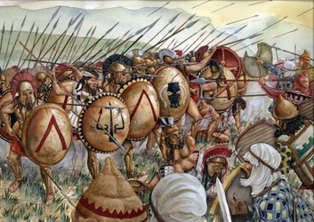 Schlacht bei den Thermopylen: Die Armee der Spartaner unter dem Kommando von Leonidas I kämpft gegen die Griechen gegen die Perser im Jahr 480 v. Chr.