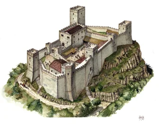 Mittelalterliche Architektur: Rekonstruktion der Burg Canossa im 11. Jahrhundert, zur Zeit, als Gräfin Mathilde von Canossa (oder Gräfin Mathilde der Toskana) (1046 - 1115) und Papst Gregor VII. (1015/20 - 1085) Zuflucht suchten. Italien. Illustration von 